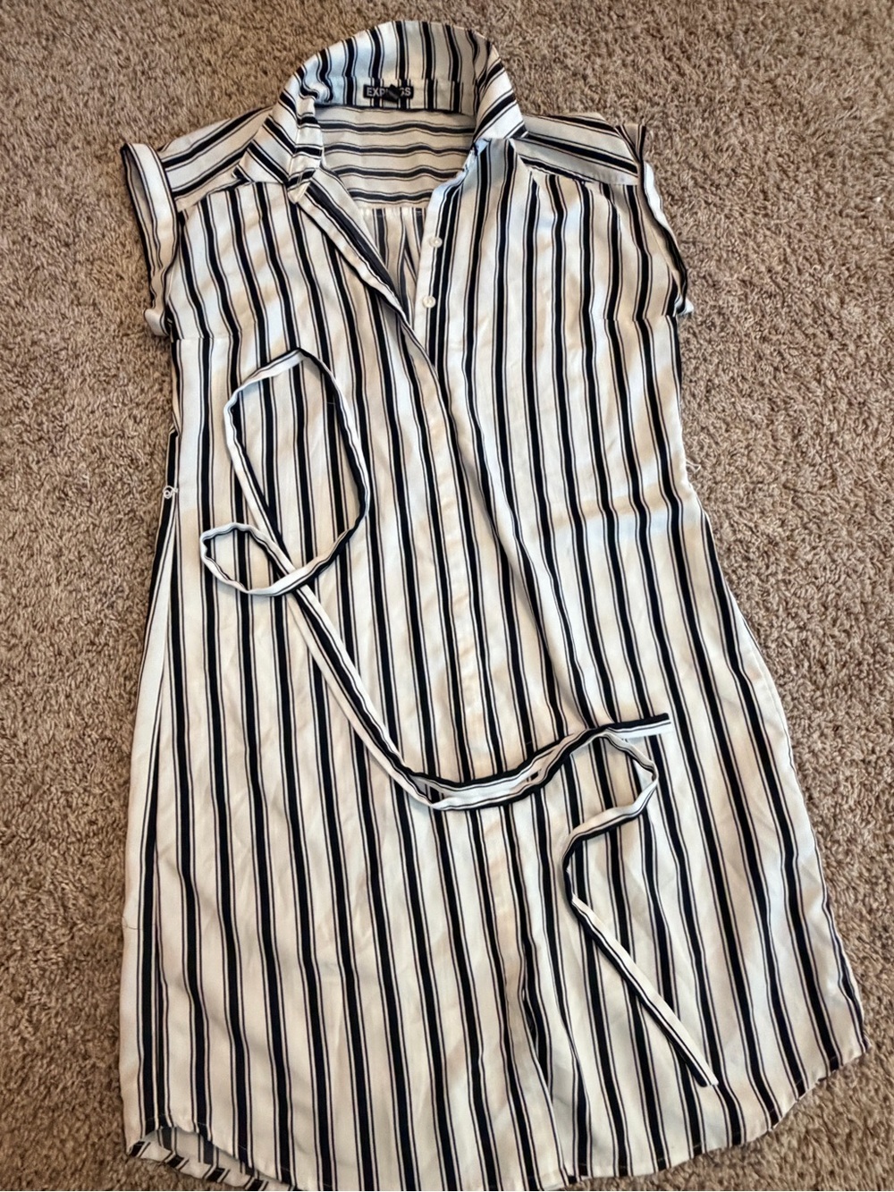 Express Striped Sleeveless Shirt Dress - White & Navy